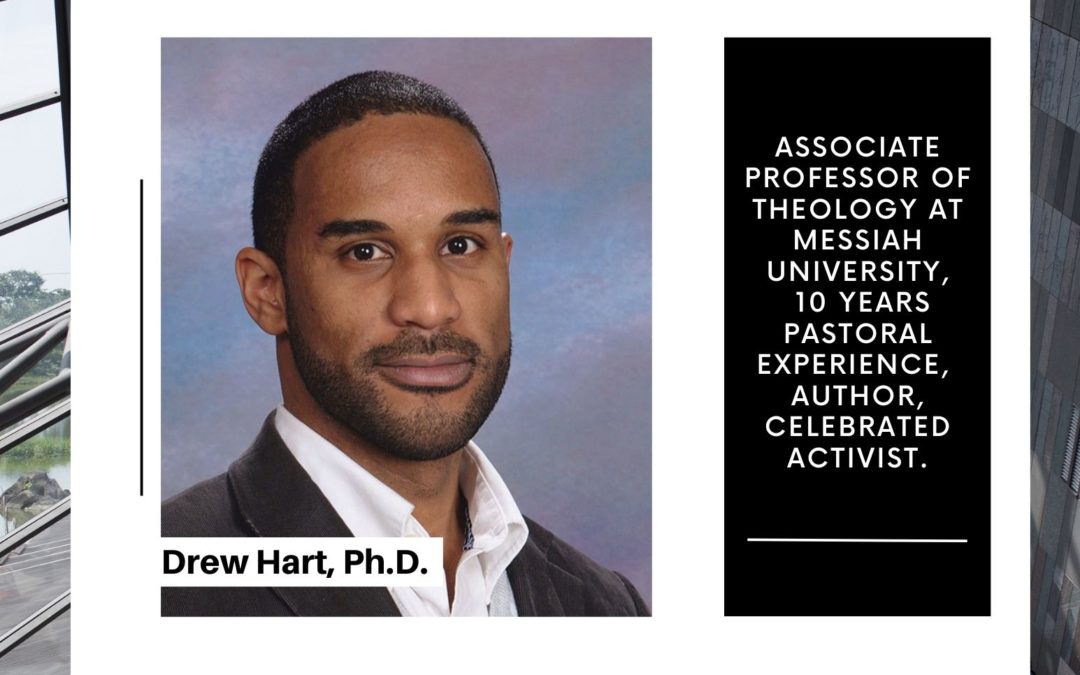 A poster featuring information regarding the ENC Annual Lecture on Race, Religion, and Culture, featuring a headshot of Dr. Drew Hart. His image is surrounded by event details, also found within the article.